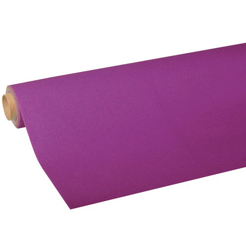 Eine Rolle PAPSTAR GmbH Tischdecke, Tissue „ROYAL Collection“ in Lila, teilweise abgerollt, um die hochwertige Tissue-Qualität zu zeigen, um einen braunen Kartonkern gewickelt.