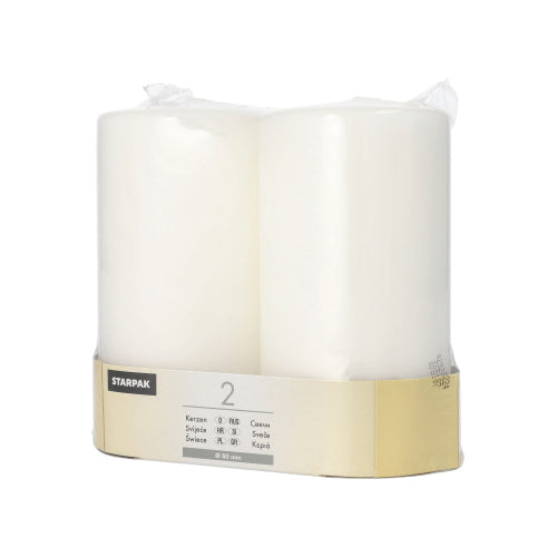 Zwei große weiße Starpak Stumpenkerzen (Ø 80 mm, Flachkopf) werden in einer 2er-Packung geliefert, in durchsichtigem Kunststoff verpackt und mit einem beige-grauen Etikett an der Unterseite versehen, auf dem Produktinformationen und der Markenname Starpak zu sehen sind.