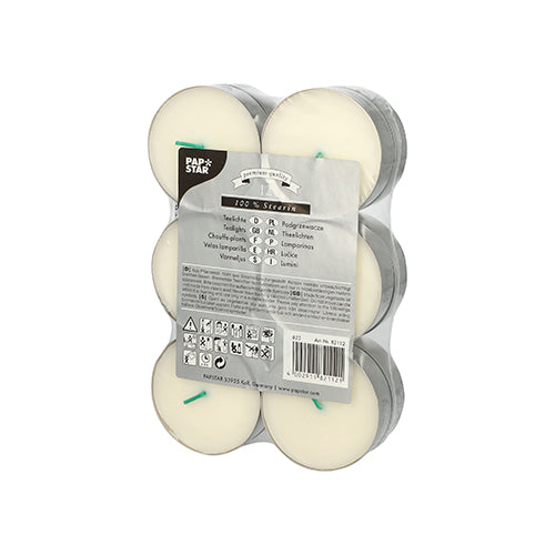 Eine Packung mit 12 weißen PAPSTAR Maxi-Teelichtern (Ø 59 mm, 20 mm) aus 100 % Stearin im Aluminiumbecher, verpackt in Schrumpffolie. Die Verpackung zeigt auf der Rückseite die Marke der PAPSTAR GmbH, Produktdetails, Symbole und einen Barcode.
