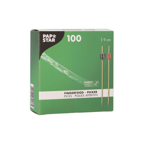 Die grüne Box der PAPSTAR GmbH enthält 100 Fingerfood-Picker, jeweils 9 cm lang, mit schwarzen und roten Spitzen - perfekt als beschreibbare Tafeldeko für Ihre nächste Party.