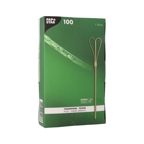 Die grüne Box mit der Aufschrift "PAPSTAR 100 Fingerfood - Picker" der PAPSTAR GmbH enthält 18 cm lange Bambuspickel, die sich ideal für Fingerfood eignen. Die Verpackung zeigt einen einzelnen Picker und hebt das Bambusmaterial hervor.