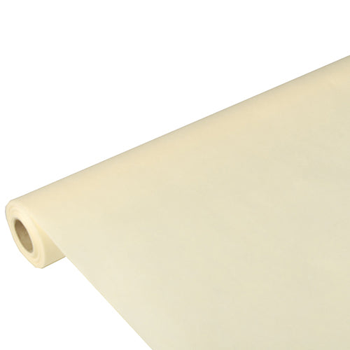 Eine große Rolle Starpak-Tischdecke, stoffähnlich, Vlies „Soft Selection“ von Starpak ist auf einem weißen Hintergrund teilweise ausgerollt und zeigt seine glatte Oberfläche und sein zylindrisches Ende.