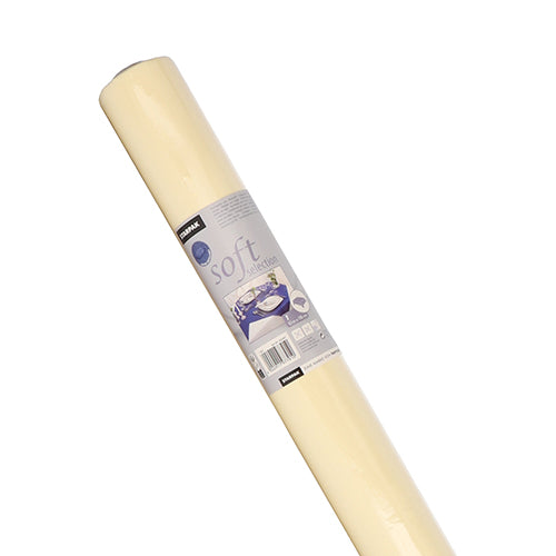 Eine Rolle Starpak Tischdecke, stoffähnlich, Vlies „Soft Selection“, cremefarben und weich, wird vor einem weißen Hintergrund mit einer Verpackung präsentiert, die Produktdetails und ein Beispiel für die Verwendung auf einem Regal oder einer Schublade zeigt.