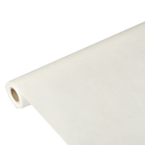 Eine Rolle Starpak-Tischdecke, stoffähnlich, Vlies „Soft Selection“ von Starpak wird auf einem weißen Hintergrund angezeigt, teilweise ausgerollt, um seine glatte und weiche stoffähnliche Textur zu zeigen.