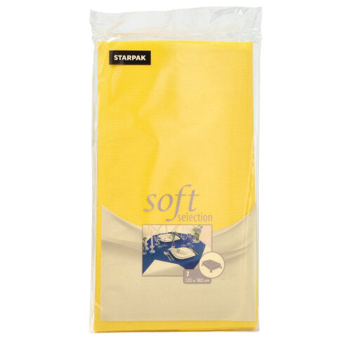 Die Starpak Tischdecke „Soft Selection“ ist eine stoffähnliche Vlies-Tischdecke in der Größe 120 x 180 cm, auf deren Verpackung ein Esstischbild und die Produktgröße deutlich zu erkennen sind.
