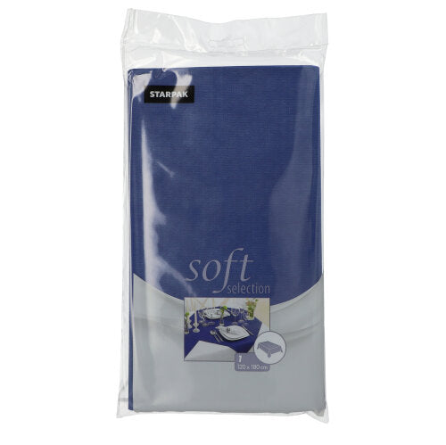 Die Starpak Tischdecke „soft selection“ (stoffähnlich, Vlies, 120x180 cm) wird in ihrer Markenverpackung gezeigt – einem durchsichtigen, versiegelten Plastikbeutel mit einem kleinen Bild der Tischdecke auf einem Esstisch.