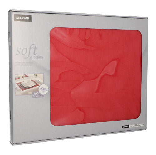 Eine silberne Box mit der Aufschrift „Starpak Soft Selection“ enthält 100 rote, stoffähnliche Vlies-Tischsets (30 x 40 cm) mit klarem Kunststofffenster – ideal für elegante Tischdekoration oder als stilvolle Platzsets.