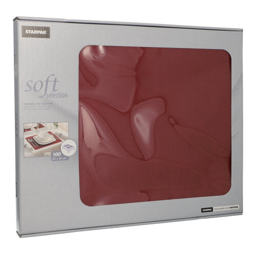 Die silberne Starpak-Box enthält 100 rote, stoffähnliche Vlies-Tischsets (30x40cm) aus der Linie „Soft Selection“. Ein Sichtfenster zeigt die stilvollen Tischsets, perfekt für elegante Tischdekoration.