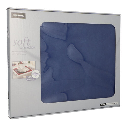 Eine silberne Starpak-Box mit der Aufschrift „Soft Selection“ zeigt dunkelblaue, stoffähnliche Vlies-Tischsets (30 x 40 cm), mit einem eleganten Tischdekor-Bild und einem transparenten Fenster, durch das 100 Teile im Inneren sichtbar sind.