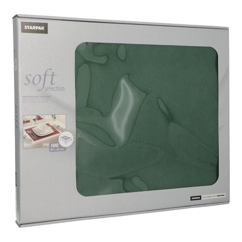 Eine Schachtel Starpak 100 Tischsets, stoffähnlich, Vlies „Soft Selection“ (30 x 40 cm), verfügt über ein transparentes Fenster und ein Foto einer eleganten Tischdekoration auf der Vorderseite.