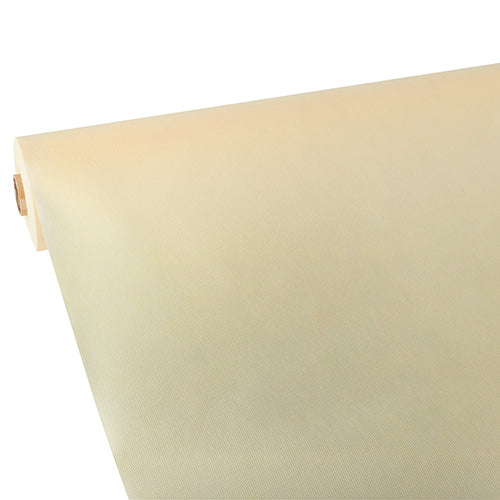 Eine Rolle Starpak Tischdecke, stoffähnlich, Vlies „soft selection“ von Starpak ist teilweise ausgerollt und schräg vor einem weißen Untergrund platziert. Die beige Oberfläche wirkt glatt und gleichmäßig.