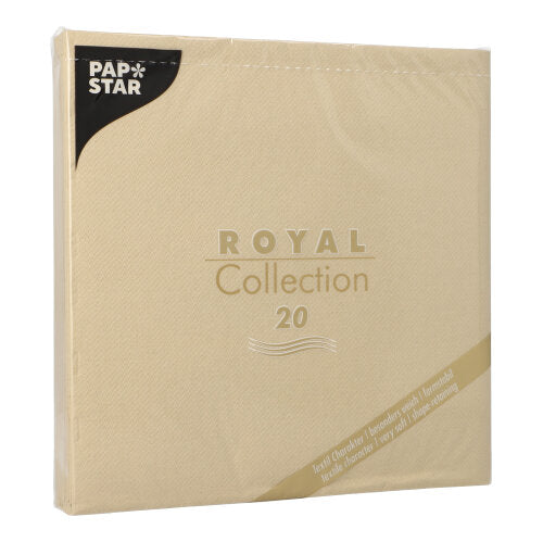 Eine beigefarbene PAPSTAR 20 Servietten "ROYAL Collection" 1/4-Falz (40x40cm) von PAPSTAR GmbH mit goldenem Text und schwarzem Etikett oben links - ideal für eine elegante Tischdekoration.