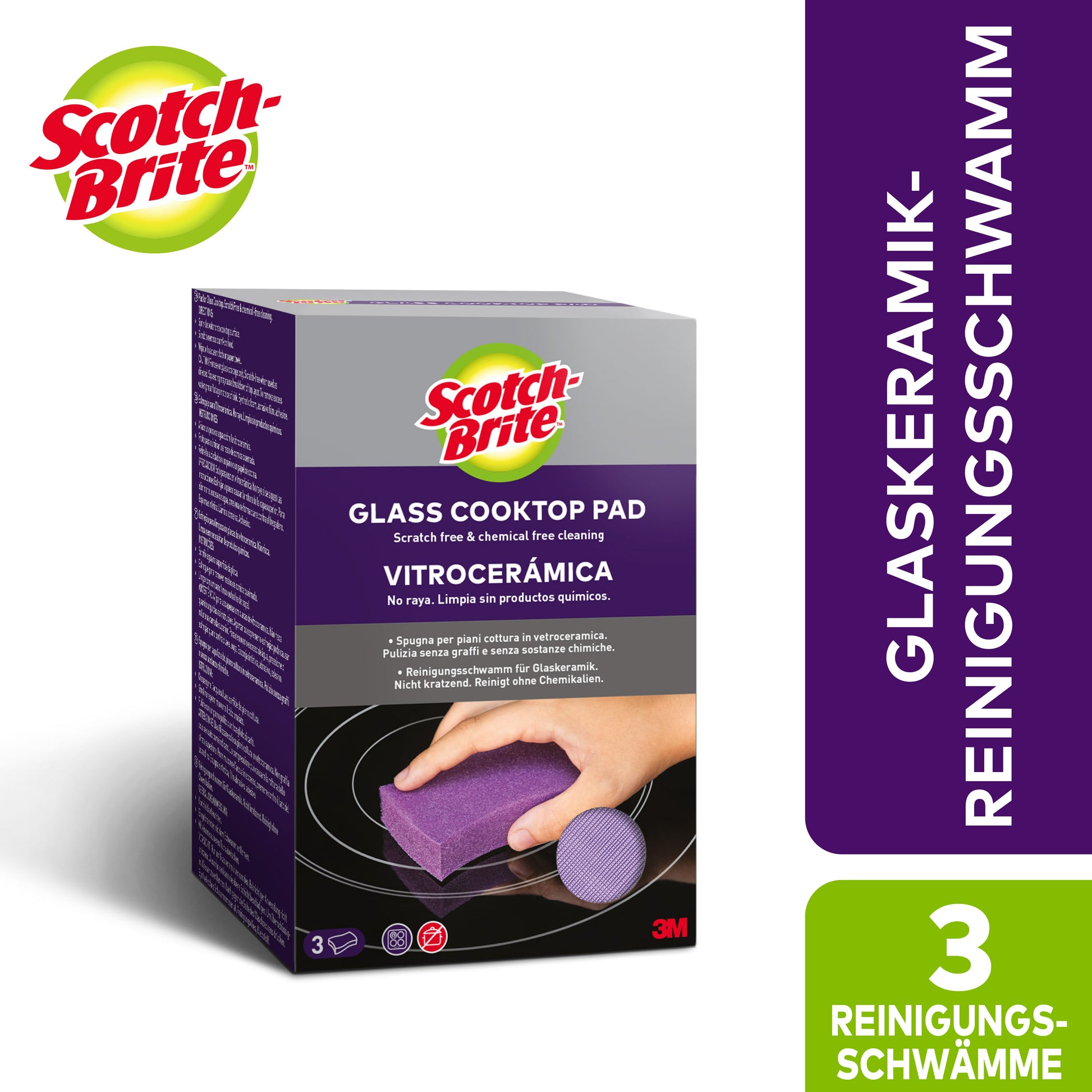 Abgebildet ist eine Packung Scotch-Brite™ Glaskeramik-Reinigungsschwamm der 3M Deutschland GmbH (3 Stück pro Packung) mit einer violetten Verpackung mit Produktinformationen und dem Bild einer Hand, die ein Kochfeld reinigt.