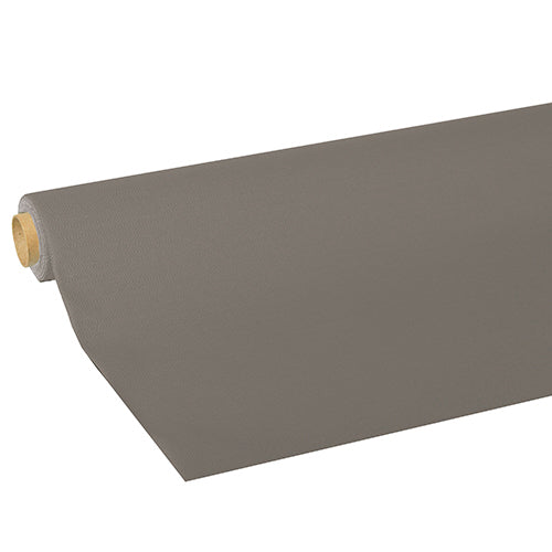 Eine große Rolle Tischdecke „ROYAL Collection“ der PAPSTAR GmbH in Grau ist teilweise auf der Seite abgerollt, sodass die Textur, Dicke und die sichtbare Pappröhre an einem Ende zu sehen sind.