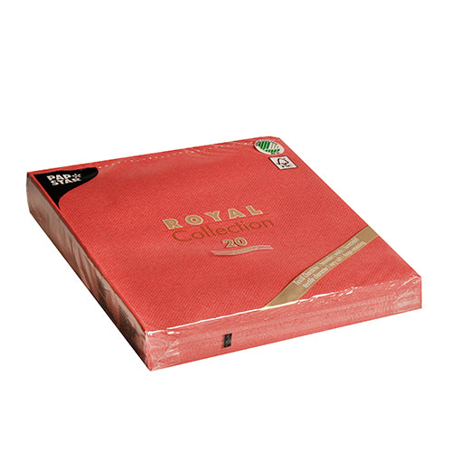 Eine versiegelte Packung PAPSTAR GmbH 20 Servietten "ROYAL Collection" 1/4-Falz (40x40 cm), mit goldener Schrift und schwarzer Ecklasche, ideal für die stilvolle Tischdekoration, abgebildet auf weißem Hintergrund.