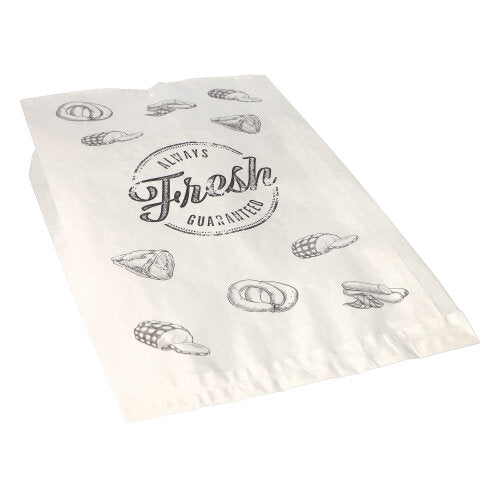 Der PAPSTAR 1000 Fleischerbeutel der PAPSTAR GmbH ist ein weißer Kraftpapierbeutel mit schwarzen Brotstrichen, dem Schriftzug „Immer frisch garantiert“ in der Mitte und einem gefädelten Verschluss. Der leere Beutel liegt flach auf weißem Untergrund.