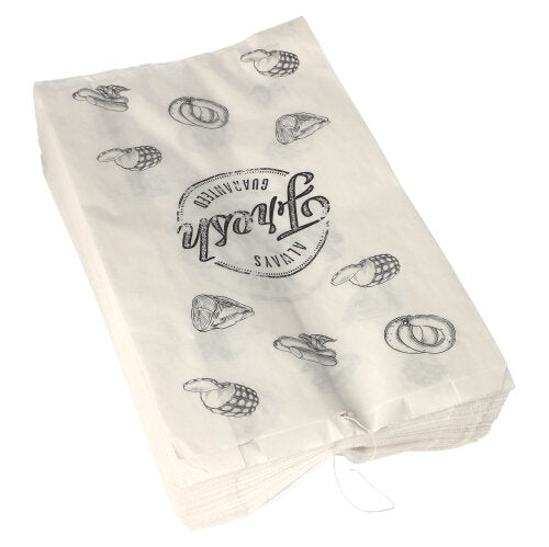 Ein Stapel PAPSTAR 1000 Fleischerbeutel aus Kraftpapier, gefädelt, von PAPSTAR GmbH, mit schwarzen Illustrationen von Brezeln, Cupcakes und dem kreisförmigen Schriftzug „Unna’s Qualität“.