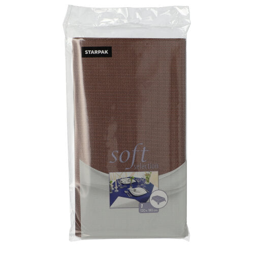 Abgebildet ist ein in Folie eingewickeltes Paket der Starpak Tischdecke, stoffähnlich, Vlies „soft selection“ 120 cm x 180 cm. Die transparente Verpackung gibt den Blick auf eine braune Tischdecke und ein Frontetikett mit Produktdetails frei.