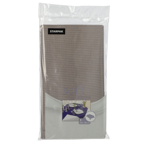 Eine verpackte Starpak Tischdecke, stoffähnlich, Vlies "Soft Selection" 120 cm x 180 cm, wird in transparentem Kunststoff gezeigt. Auf der Vorderseite sind ein gedeckter Esstisch und Produktdetails abgebildet, im Inneren ist das beige Material sichtbar.