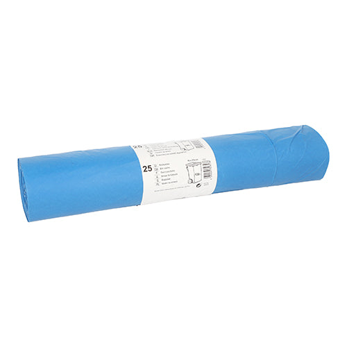 Eine Rolle Starpak 25 Müllsäcke, LDPE 120 l (110 cm x 70 cm) in blau, mit einem weißen Etikett in der Mitte, das Produktinformationen und Spezifikationen enthält.