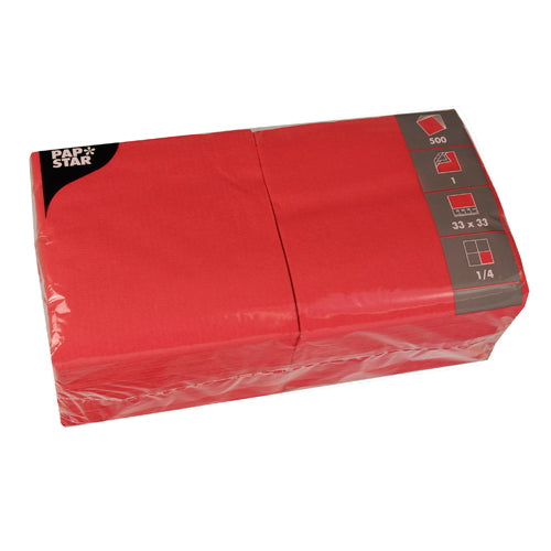 Eine Packung mit 500 PAPSTAR Servietten, 1-lagig, 1/4-fach gefaltet, 33x33 cm von PAPSTAR GmbH, leuchtend rot, sauber verpackt in Klarsichtfolie mit Produktangaben auf dem Etikett.