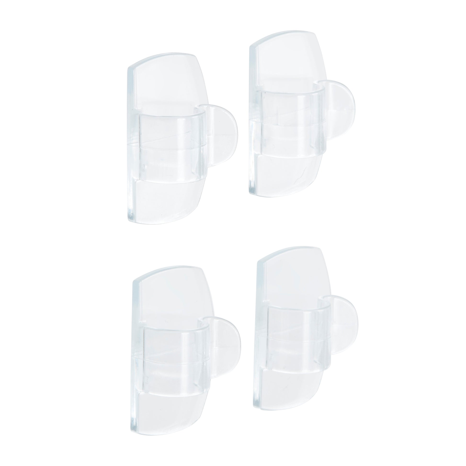 Four Command™ transparente Clips für runde Kabel von 3M Deutschland GmbH sind in Gitterform auf weißem Hintergrund angeordnet. Jeder Clip hat eine abgerundete Oberseite und einen kleinen Haken rechts. Die Packung enthält 4 Clips + 5 Streifen.