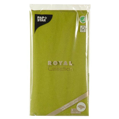 Eine Tischdecke der PAPSTAR GmbH aus der „ROYAL Collection“ (120 x 180 cm) mit sichtbarem Branding und Öko-Zertifizierungslogos eignet sich perfekt für eine stilvoll gedeckte Tafel.