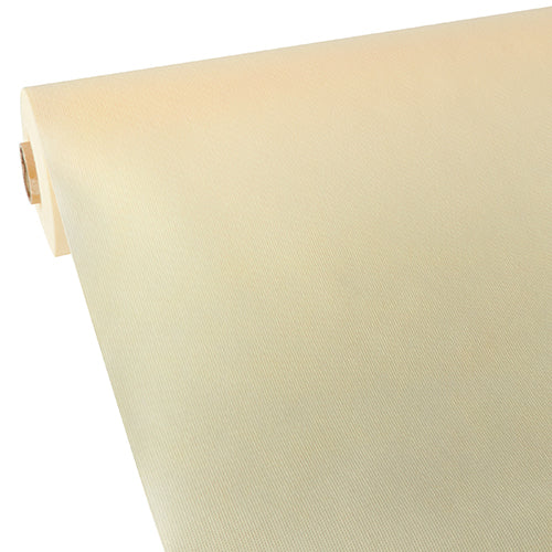 Eine teilweise ausgerollte Starpak Tischdecke, stoffähnlich, Vlies „soft selection“ zeigt ihre glatte, leicht strukturierte beige Oberfläche. Die Starpak Tischdeckenrolle ist diagonal von links oben nach rechts unten abgebildet.