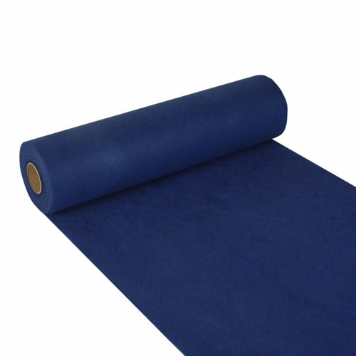 Der Starpak Tischläufer, stoffähnlich, Vlies „Soft Selection“ (24 m x 40 cm), ist eine glatte, gleichmäßig gefärbte dunkelblaue Rolle, die teilweise ausgerollt ist, sodass die innere Pappröhre sichtbar ist – perfekt zur Dekoration oder als stilvoller Tischläufer.