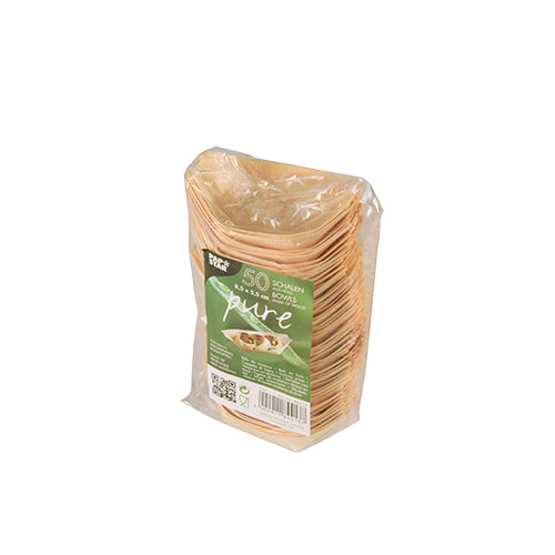Eine Packung mit 50 Fingerfood-Schalen „pure“ Holz Schiffchen der PAPSTAR GmbH in transparenter Kunststoffverpackung, aus Naturholz gefertigt, mit einem grünen Etikett auf der Vorderseite mit Produktdetails.