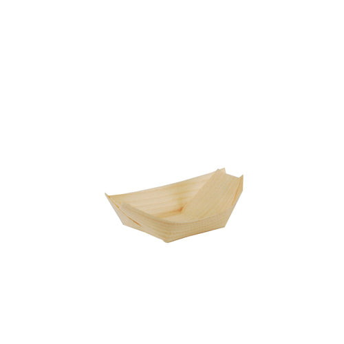 Die PAPSTAR 50 Fingerfood - Schalen Holz "pure" "Schiffchen" der PAPSTAR GmbH ist ein kleines, umweltfreundliches, leichtes Holztablett mit erhöhtem Rand und schlichtem Design – perfekt zum Servieren von Fingerfood. Abgebildet auf weißem Hintergrund.