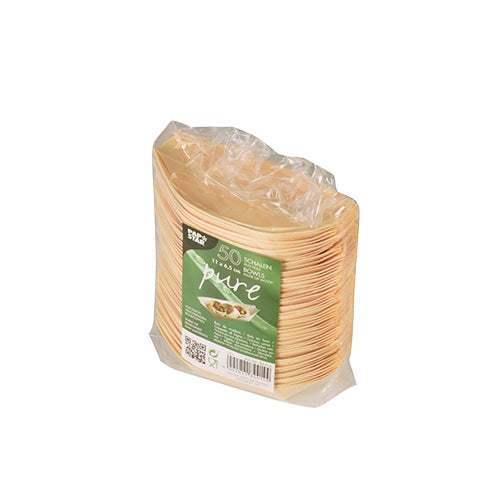 Eine versiegelte Kunststoffverpackung mit 50 Stück „pure“ Fingerfood-Schalen („Schiffchen“) aus Holz der PAPSTAR GmbH, mit einem grünen Frontetikett mit Produktinformationen und Lebensmittelabbildung – ideal zum Servieren von umweltfreundlichem Fingerfood.