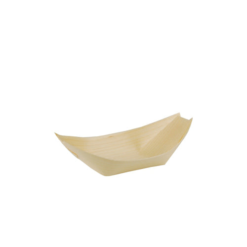Ein kleiner, flacher Einweg-PAPSTAR 50 Fingerfood-Schalen aus nachhaltigem Holz „pure“, schiffchenförmig mit erhöhten Seiten von PAPSTAR GmbH, platziert vor schlicht weißem Hintergrund.