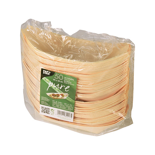 Eine Klarsichtverpackung der PAPSTAR GmbH enthält 50 „pure“ Fingerfood-Schälchen aus Holz („Schiffchen“). Das grün-weiße Etikett zeigt Produktinformationen und ein Bild leckerer Häppchen, serviert in einer umweltfreundlichen ovalen Holzschale.