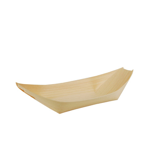 Das 50 Fingerfood-Schalen, Holz „pure“ „Schiffchen“-Tablett der PAPSTAR GmbH ist ein kleines, leeres Holztablett mit erhöhten Ecken, ideal zum nachhaltigen Servieren von Fingerfood, abgebildet vor einem schlichten weißen Hintergrund.