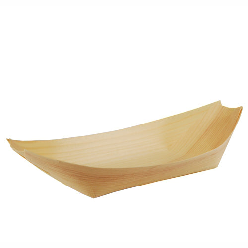 Die 50 Fingerfood-Schalen „pure“ Schiffchen der PAPSTAR GmbH sind kleine, umweltfreundliche und leichte Holztabletts in Schiffchenform – ideal zum Servieren von Snacks oder Streetfood.