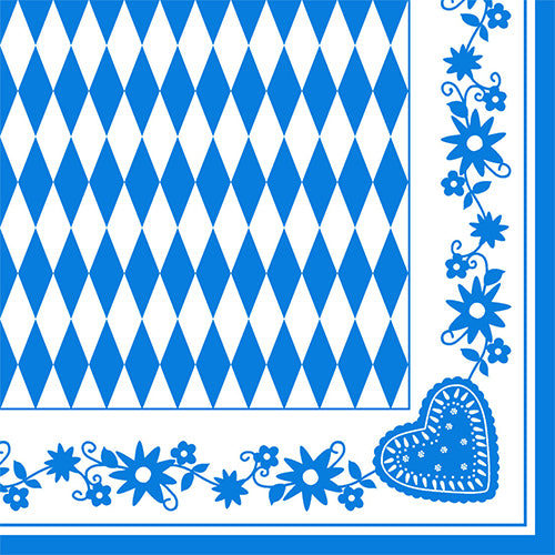 Die PAPSTAR 50 Servietten "Bayrisch Blau" (3-lagig, 40x40 cm, 1/4-Falz) der PAPSTAR GmbH bestechen durch ihr blau-weißes Design mit einer zentralen Raute, floralem Rand und einem Herz mit Spitzenverzierung. Die Packung enthält 50 Servietten im Folio-Format.