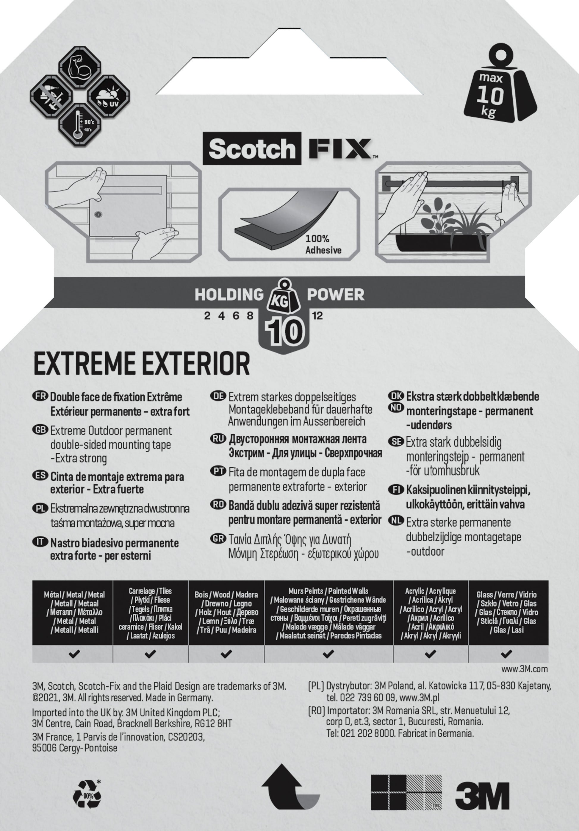 Rückseite einer Scotch-FIX™ Extreme doppelseitigen Außenmontageband-Verpackung von 3M Deutschland GmbH. Die Eigenschaften sind in mehreren Sprachen dargestellt, mit Symbolen für Ziegelsteine und Briefkästen, und es wird eine maximale Haltekraft von 10 kg angegeben. Das 3M Branding befindet sich am unteren Rand.