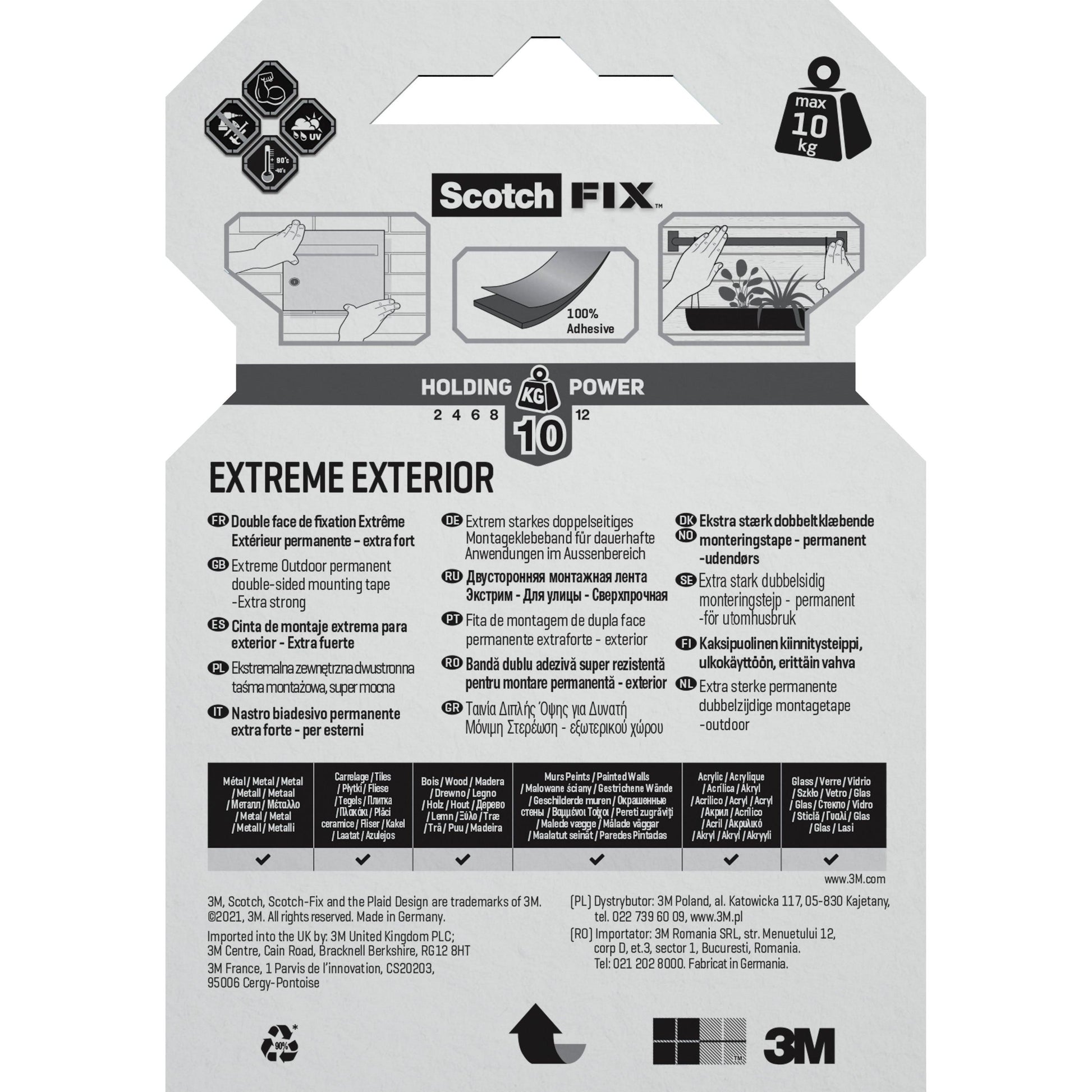 Rückseite einer Scotch-FIX™ Extreme doppelseitigen Außenmontageband-Verpackung von 3M Deutschland GmbH. Die Eigenschaften sind in mehreren Sprachen dargestellt, mit Symbolen für Ziegelsteine und Briefkästen, und es wird eine maximale Haltekraft von 10 kg angegeben. Das 3M Branding befindet sich am unteren Rand.