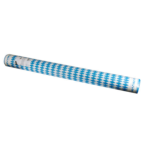 Eine Rolle PAPSTAR Tischdecke Airlaid (25 m x 1,18 m) „Bayrisch Blau“ mit blau-weißem Rautenmuster liegt waagerecht auf weißem Untergrund.