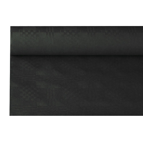 Das Papiertischtuch mit Damastprägung (8 m x 1,2 m) der PAPSTAR GmbH besticht durch sein schwarzes, geometrisch kariertes Design und die elegante Prägung – ideal für stilvolle Tischdekoration. Abgebildet ist es teilweise ausgerollt vor einem schlichten weißen Hintergrund.