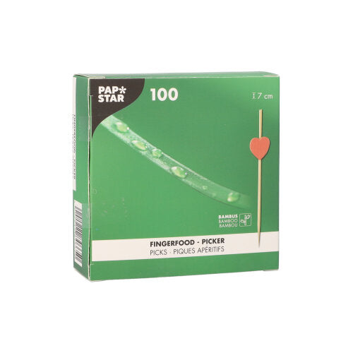 Eine grüne Schachtel PAPSTAR 100 Fingerfood - Picker der PAPSTAR GmbH enthält 100 Picks (7 cm) mit kleinen roten Herzchen - ideal für Fingerfood oder als dekorative Aufkleber bei Ihrem nächsten Event.
