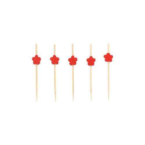 Fünf PAPSTAR 100 Fingerfood - Picker der PAPSTAR GmbH, jeweils mit einem kleinen roten Blütenaufsatz versehen, stehen in einer Reihe vor einem schlichten weißen Hintergrund.