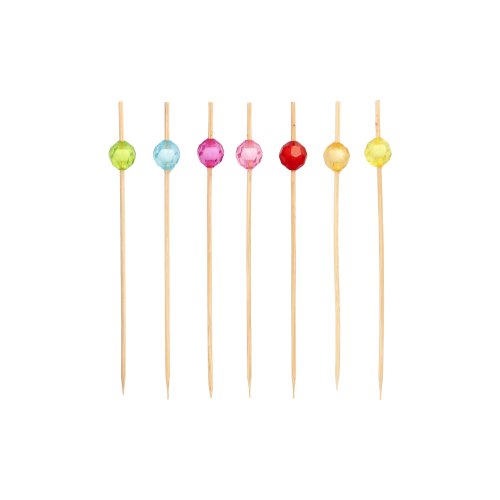 Sechs PAPSTAR 100 Fingerfood-Picker von PAPSTAR GmbH sind in einer Reihe angeordnet, jeder mit verschiedenfarbiger Kugel auf weißem Hintergrund - perfekt für stilvolles Servieren.