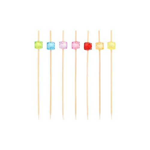 Sechs PAPSTAR 100 Fingerfood - Picker von PAPSTAR GmbH stehen senkrecht, jede mit einer einzigartigen farbigen quadratischen Perle - grün, blau, rosa, lila, rot und gelb - vor einem schlichten weißen Hintergrund für eine stilvolle Präsentation.