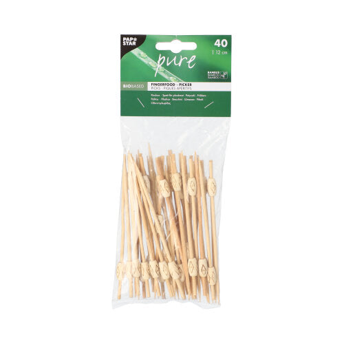 Ein transparenter Plastikbeutel mit 40 PAPSTAR Fingerfood - Picker „pure“ Spießen der PAPSTAR GmbH, jeweils mit dekorativer Schlaufe und der Aufschrift „biobased“ – ideal zum stilvollen Servieren von Fingerfood.