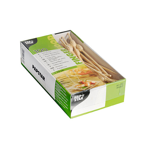 Eine Schachtel mit 100 PAPSTAR GmbH Fingerfood-Pickern, ideal für die Buffetdekoration, kommt in einer grün-weißen Verpackung mit einem klaren Fenster, auf dem die Sticks zu sehen sind. Auf der Vorderseite sind Produktdaten und Maße angegeben.