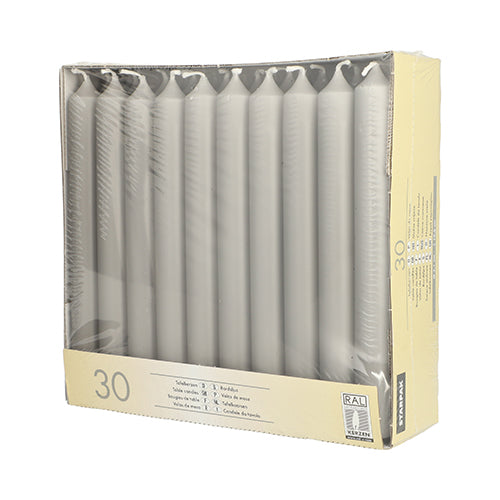 Die Starpak 30 Tafelkerzen (Ø 2,1 cm, 19,6 cm) Packung enthält graue Stabkerzen in einer aufrecht stehenden, kunststoffumwickelten Schachtel. Produktdetails sind unten links und seitlich auf der Verpackung sichtbar – ideal für eine stilvolle Tischdekoration.