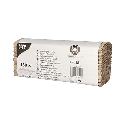 Eine Packung mit 180 PAPSTAR C-Falz Handtuchpapieren (31x25 cm, 1-lagig, natur), hergestellt aus umweltfreundlichem Recyclingmaterial; die Banderole zeigt mehrsprachige Produktinformationen, einen Barcode und die Marke der PAPSTAR GmbH.