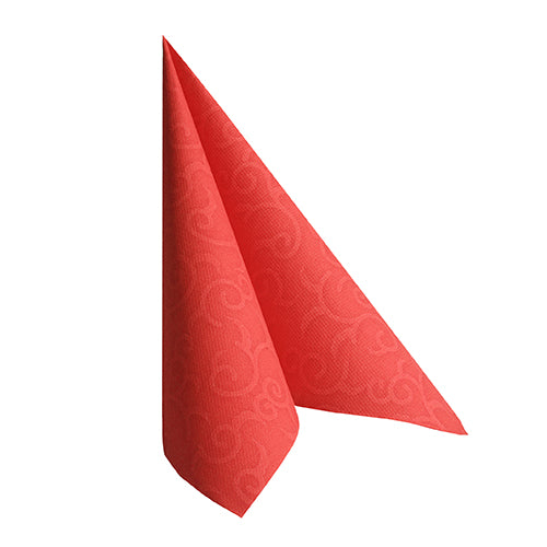 Eine PAPSTAR 50 Servietten "ROYAL Collection" 1/4-Falz 40 x 40 cm rot von PAPSTAR GmbH steht aufrecht, gefaltet in einer dreieckigen, zeltartigen Form mit dezentem Wirbeldesign - ideal als hochwertige Servietten für jeden Anlass.